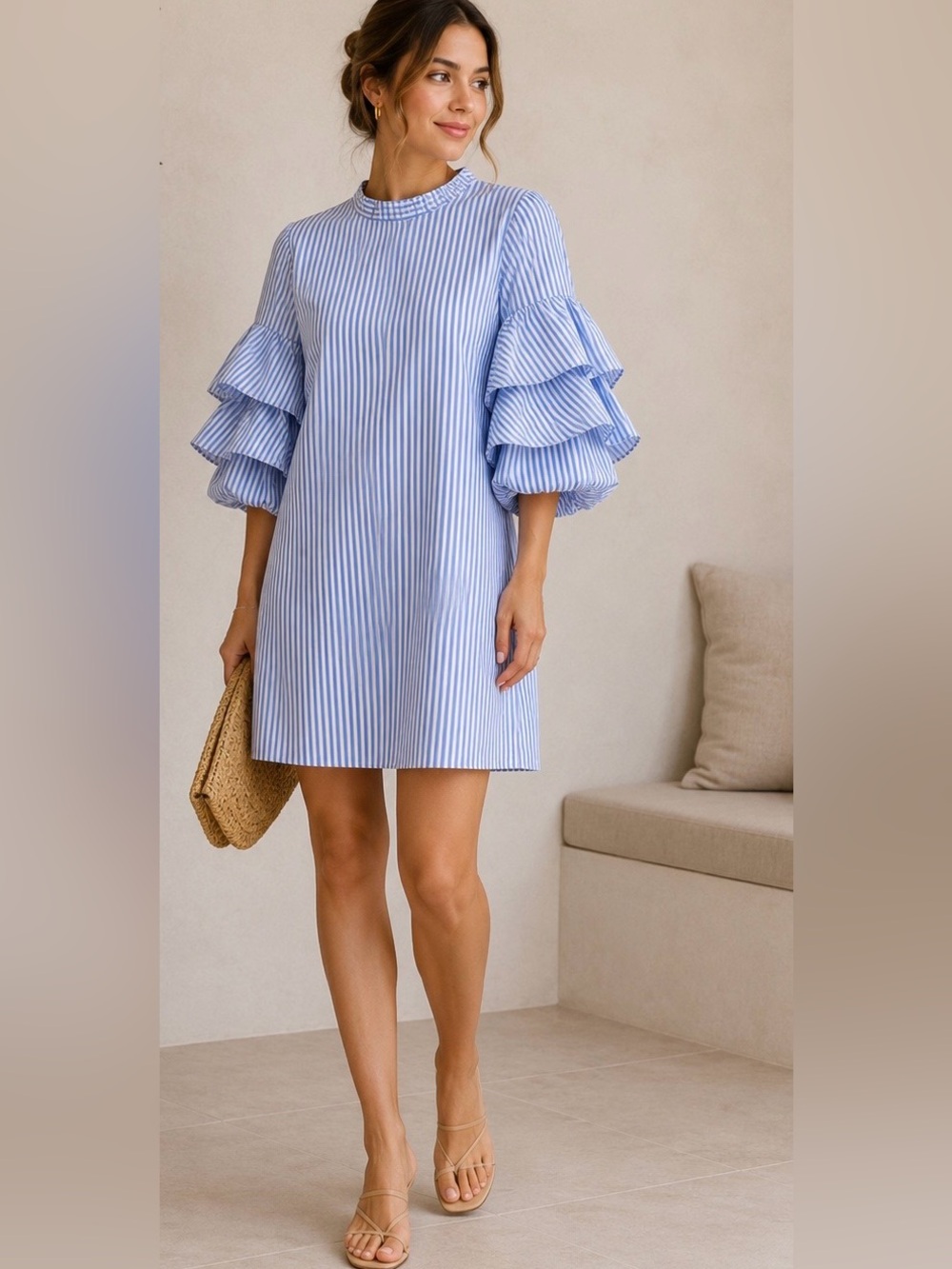 Zara Blue & White Striped Ruffle-Sleeve Mini Dress
